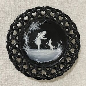 8.5" Westmoreland Glass Mary‎ Gregory Plates Pierced Reticulated Girl Boy & Dog